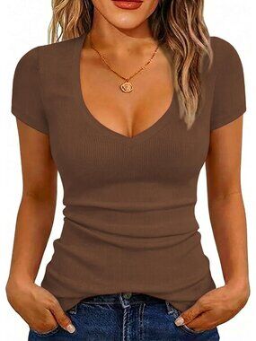 〽️Women Brown Cap Short Sleeve V-Neck Ribbed Casual Summer Slim Fit T-Shirt